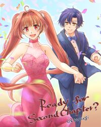  1boy 1girl artist_name black_hair bow bowtie brown_hair cocktail_dress couple dress eiyuu_densetsu english_text estelle_bright highres holding_hands joshua_bright koyagistock long_hair open_mouth red_eyes short_hair simple_background smile sora_no_kiseki_sc suit twintails yellow_eyes 