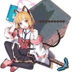  1girl @_@ animal_ear_headphones animal_ears black_skirt black_thighhighs blonde_hair blue_archive boots bow cat_ear_headphones cat_ears collared_shirt commentary crying crying_with_eyes_open fake_animal_ears fang halo headphones helmet highres holding holding_unworn_helmet jacket minecraft momoi_(blue_archive) open_clothes open_jacket passing_dog pickaxe pink_boots pink_eyes pink_halo pleated_skirt red_bow shirt short_hair skin_fang skirt solo tears thigh-highs unworn_headwear unworn_helmet white_jacket white_shirt zettai_ryouiki 