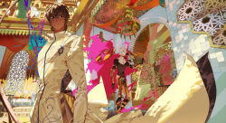 2boys absurdres arjuna_(fate) blue_eyes brown_hair collarbone commentary_request fate/grand_order fate_(series) hair_between_eyes highres indoors karna_(fate) long_sleeves multiple_boys shdch short_hair tagme white_hair 
