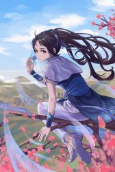  1girl absurdres black_hair blue_eyes blue_hanfu blue_ribbon blue_sky bracelet branch capelet cherry_blossoms chinese_clothes chinese_commentary commentary_request day flower from_behind hair_ribbon hair_rings hanfu highres holding holding_flower jewelry long_hair looking_at_viewer looking_back mountainous_horizon outdoors pants pavo543 ribbon shirt sitting sitting_on_branch sky solo white_capelet white_pants white_shirt wrist_guards xianjian_qixia_zhuan zhao_linger 
