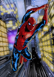  1boy absurdres animal_print arms_up blue_bodysuit bodysuit building city city_lights clip_studio_paint_(medium) compound_eyes highres male_focus marvel mask moon multicolored_bodysuit night outdoors peter_parker red_bodysuit skyscraper solo spider-man spider-man:_no_way_home spider-man_(original_suit) spider-man_(series) spider_print spider_web_print superhero_costume swinging_on_web two-tone_bodysuit 