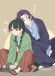  1boy 1girl aoqun black_hair blunt_bangs bowl brown_skirt bun_cover chinese_clothes closed_eyes commentary_request freckles green_hanfu hair_bun hanfu jinshi_(kusuriya_no_hitorigoto) jitome jou_(hino_ki) kusuriya_no_hitorigoto long_hair long_skirt maomao_(kusuriya_no_hitorigoto) pleated_skirt purple_hair single_hair_bun skirt sleeping sleeping_on_person squiggle translation_request twitter_username violet_eyes 