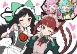  &gt;_&lt; 4girls :d ;d alternate_costume animal_ears blunt_bangs blush braid breasts cat_ears chest_jewel enmaided extra_ears grin happy heart heart_hands highres kaenbyou_rin komeiji_koishi komeiji_satori maid maid_headdress miz_(mizillustration) multiple_girls nekomata one_eye_closed open_mouth paw_pose pointy_ears red_eyes redhead reiuji_utsuho siblings simple_background sisters small_breasts smile touhou twin_braids upper_body v-shaped_eyebrows white_background wrist_cuffs 