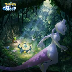  claws closed_eyes closed_mouth commentary_request day espeon grass light_rays looking_back lying mew_(pokemon) mewtwo official_art outdoors pikachu plant pokemon pokemon_(creature) pokemon_focus pokemon_sleep shadow sleeping snorlax vines violet_eyes wynaut xatu 
