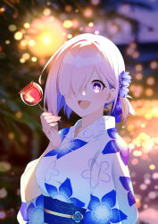  1girl absurdres blue_flower blue_sash blurry blurry_background blush bokeh breasts candy_apple commentary depth_of_field fate/grand_order fate_(series) fingernails floral_print floral_print_kimono flower food hair_flower hair_ornament hair_over_one_eye hair_ribbon highres hiragi_okitan19 holding holding_candy_apple holding_food japanese_clothes kimono looking_at_viewer mash_kyrielight medium_hair nail_polish night open_mouth outdoors pink_eyes pink_hair pink_nails print_kimono purple_ribbon ribbon sash smile solo summer_festival white_kimono yukata 