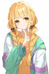  1girl :t a_sayu absurdres black_ribbon blonde_hair braid commentary finger_to_own_chin fingernails fujita_kotone gakuen_idolmaster hair_ribbon highres idolmaster jacket long_hair multicolored_jacket open_clothes open_jacket ribbon shirt sideways_glance simple_background solo twin_braids untranslatable_commentary upper_body white_background yellow_eyes yellow_shirt 