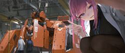  1girl 2boys absurdres black_hat black_overalls cable eyewear_around_neck foreshortening garage gun hard_hat hat helmet highres kusami_toka_naku_au lab_coat lanyard lapels looking_at_viewer machine_gun mecha missile_pod multiple_boys original overalls pink_hair ribbed_sweater robot selfie spider_tank squatting sweater v violet_eyes walker_(robot) weapon 