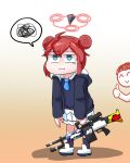  1boy 1girl ahoge arona&#039;s_sensei_doodle_(blue_archive) blue_archive blue_eyes c/h collared_shirt double_bun english_commentary general_dynamics_lwmmg gun hair_between_eyes hair_bun halo holding holding_gun holding_weapon korean_commentary looking_at_viewer maki_(blue_archive) medium_hair mixed-language_commentary pleated_skirt redhead school_uniform sensei_(blue_archive) shirt sidelocks skirt thumbs_up weapon 