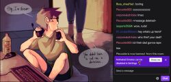  2boys anger_vein barefoot bottle chat_log computer_keyboard cpn86457 glasses headphones highres implied_incest implied_rape implied_yaoi kageyama_ritsu livestream male_focus mob_psycho_100 multiple_boys open_mouth pants reigen_arataka shirt shorts sitting t-shirt twitch.tv 