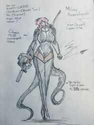 bullpup fn_p90 graphite_(medium) gun highres melany_homecelapoda monster_girl original scylla sketch submachine_gun traditional_media weapon youka_saryn 