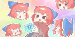  1girl :3 artist_request blush bow brown_shirt cloak cube disembodied_head floating_head game_asset hair_bow highres long_sleeves multiple_heads official_art open_mouth rainbow_background red_cloak red_hair ribbon-trimmed_bow ribbon-trimmed_sleeves ribbon_trim sekibanki shirt short_hair smile solo sparkle third-party_source touhou touhou_lostword |_| 