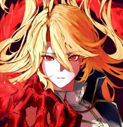  1girl black_jacket blonde_hair blood blood_from_eyes collared_jacket collared_shirt crying crying_with_eyes_open don_quixote_(project_moon) feather_boa floating_hair hair_between_eyes high_collar jacket la_manchaland's_don_quixote_(project_moon) la_manchaland_(identity)_(project_moon) limbus_company long_hair looking_at_viewer open_clothes open_jacket parted_bangs parted_hair parted_lips project_moon red_eyes ritaritatter96 sancho_(project_moon) shirt solo streaming_tears tears tears_from_one_eye white_shirt 