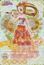  1girl artist_request bare_arms bare_shoulders blonde_hair border brooch card_(medium) character_name coral_hair_ornament cross-laced_clothes cross-laced_top elephant eyelashes floating_hair forehead frilled_shirt frills from_behind full_body hair_ornament happy heart heart_brooch holding holding_microphone jewelry kasugano_urara_(precure) light_blush long_hair long_skirt looking_at_viewer looking_back microphone official_art open_mouth orange_skirt ornate_border outline outside_border pink_ribbon pleated_skirt polka_dot polka_dot_skirt precure ribbon shirt singing skirt smile solo standing strapless strapless_shirt tareme third-party_source translation_request twintails unmoving_pattern watch watch white_border white_outline white_shirt yellow_background yellow_eyes yes!_precure_5 