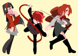  3girls amagi_yukiko black_boots black_hair black_skirt boots bow bowtie cardigan color_connection commentary en_pointe full_body grey_shirt grey_skirt gymnastics hair_bow hairband hand_fan holding holding_fan holding_ribbon_baton holding_sword holding_weapon kirijou_mitsuru long_hair long_sleeves mmanbae multiple_girls one_eye_closed persona persona_3 persona_4 persona_5 red_bow red_bowtie red_cardigan red_eyes red_hair red_hairband red_theme rhythmic_gymnastics ribbon ribbon_baton school_uniform shirt shuujin_academy_school_uniform simple_background skirt sword untranslatable_commentary weapon yasogami_school_uniform yellow_background yoshizawa_kasumi 
