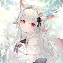  1girl animal_ears bare_shoulders black_bow blurry blurry_background bokeh bow breasts closed_mouth commentary depth_of_field dot_nose dress frilled_dress frills from_side gradient_hair grey_hair hair_ornament kooriais leaf light_rays long_hair looking_at_viewer medium_breasts multicolored_hair nature off-shoulder_dress off_shoulder original outdoors red_eyes sidelocks solo sunbeam sunlight tail turning_head twitter_username two-tone_hair untranslatable_commentary upper_body white_dress 