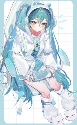  1girl :3 absurdres animal_ear_headphones animal_ears animal_slippers aqua_border aqua_eyes aqua_hair aqua_nails aqua_shirt bandaid bandaid_on_knee bandaid_on_leg border bow cat_ear_headphones cat_ears cat_slippers chair clothes_writing commentary double-parted_bangs fake_animal_ears frilled_jacket frilled_sleeves frills full_body gaming_chair grid_background hair_between_eyes hair_bow handheld_game_console hatsune_miku headphones highres holding holding_handheld_game_console jacket leg_warmers light_blush long_hair looking_at_viewer multiple_hair_bows open_clothes open_jacket outside_border print_shirt raised_inner_eyebrows shirt shorts sitting slippers smile solo swivel_chair t0klma twintails untranslatable_commentary very_long_hair vocaloid white_background white_bow white_jacket white_leg_warmers white_shorts white_slippers 