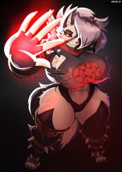  1girl absurdres alternate_breast_size_(larger) animal_ears animal_nose armor bandaged_head bandages black_gloves black_leotard body_fur bodysuit breasts clothing_cutout colored_sclera commentary cosplay crossover fantastic_four furry furry_female gloves grey_fur grey_hair head_spikes hellaverse helluva_boss highleg highleg_leotard highres large_breasts leotard linea_alba looking_at_viewer loona_(helluva_boss) malice_(sue_storm) malice_(sue_storm)_(cosplay) marvel marvel_rivals meltedmolten multicolored_bodysuit navel pauldrons red_scarf red_sclera scarf shoulder_armor shoulder_spikes smile snout solo spiked_armor spiked_helmet spiked_legwear spiked_pauldrons spikes stomach_cutout sue_storm tail thigh-highs thong thong_leotard two-tone_bodysuit two-tone_fur white_eyes white_fur wolf_ears wolf_girl wolf_tail 