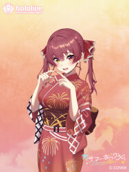  1girl :d breasts commentary_request fireworks_print hair_ribbon hands_up heterochromia hololive hololive_official_card_game houshou_marine imahuku japanese_clothes kimono large_breasts long_hair long_sleeves looking_at_viewer official_art open_mouth print_kimono red_eyes red_hair red_kimono red_ribbon ribbon smile solo twintails virtual_youtuber wide_sleeves yellow_eyes 