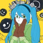 1girl black_hairband blue_eyes blue_hair brown_gloves bunnyhuman city crazy_eyes dated facial_mark gloves green_jacket hairband hands_on_own_face hatsune_miku highres jacket long_hair matryoshka_(vocaloid) multicolored_eyes pale_skin puffy_cheeks signature smiley_face solo vocaloid yellow_background 