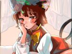  1girl :t animal_ears brown_hair cat_ears cat_tail chen curtains earrings hat highres jewelry kashiwara_mana looking_at_viewer mob_cap multiple_tails nekomata short_hair single_earring solo tail touhou 