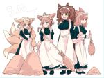  4girls ahoge alternate_costume angelina_(arknights) animal_ears apron arknights braid breasts broom commentary_request enmaided flat_chest fox_ears fox_tail frostleaf_(arknights) full_body holding holding_broom kitsune kyuubi large_breasts long_sleeves maid maid_apron maid_day maid_headdress medium_hair multiple_girls multiple_tails short_hair small_breasts sussurro_(arknights) sutoa suzuran_(arknights) tail twin_braids twintails white_apron white_background 