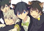  4boys :o animal_ears bachira_meguru black_eyes black_hair black_jacket blonde_hair blue_eyes blue_lock bow bowtie cat_boy cat_ears closed_mouth collared_shirt colored_inner_hair formal gloves green_bow green_bowtie hand_up isagi_yoichi itoshi_rin jacket long_sleeves looking_at_viewer male_focus mma_runn multicolored_hair multiple_boys nagi_seishirou open_mouth shirt short_hair smile suit upper_body white_background white_gloves white_shirt yellow_bow yellow_bowtie yellow_eyes 