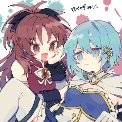 2girls black_bow black_wrist_cuffs blue_eyes blue_hair bow cape closed_mouth commentary_request dress fang fortissimo gloves hair_bow hair_ornament hairclip highres magical_girl mahou_shoujo_madoka_magica mahou_shoujo_madoka_magica_(anime) mahou_shoujo_madoka_magica_movie_1_&amp;_2 miki_sayaka miki_sayaka_(magical_girl) multiple_girls musical_note musical_note_hair_ornament nikorashi-ka open_mouth ponytail red_dress red_eyes red_hair sakura_kyoko sakura_kyoko_(magical_girl) soul_gem_(madoka_magica) translation_request white_cape white_gloves wrist_cuffs