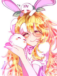 1girl 1other ambiguous_gender androgynous artist_name bald blonde_hair blush blush_stickers bow bowtie bunny_girl closed_eyes emiliaeily english_commentary facepaint fingernails forehead_writing gacha_club gacha_life glasses hair_between_eyes hair_flaps hair_ornament heart highres holding holding_rabbit leaf leaf_hair_ornament lips long_hair lying mika_(mika_roy) mika_roy nude on_head one_ear_down overall_skirt overalls partial_commentary pink_bow pink_bowtie pink_overalls puffy_short_sleeves puffy_sleeves rabbit rabbit_ear_headwear rabbit_ears rabbit_girl red-framed_eyewear shirt short_sleeves sidelocks sleeping smile t-shirt upper_body wavy_hair white_overalls white_rabbit_(animal) white_shirt white_skin youtube zzz