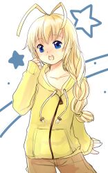  1boy antenna_hair arm_at_side averting_eyes blonde_hair blue_eyes blush braid braided_ponytail brown_shorts collarbone commentary_request contrapposto cowboy_shot drawstring hair_over_shoulder hair_tie haiyore!_nyaruko-san hand_up hastur_(nyaruko-san) hood hood_down hoodie kanahito_(irohami) long_hair long_sleeves low-tied_long_hair low_ponytail male_focus nose_blush open_mouth ponytail shorts shy sidelocks sleeves_past_wrists solo star_(symbol) star_symbol_background teeth trap turning_head two-tone_background upper_teeth_only white_background yellow_hoodie zipper zipper_pull_tab 