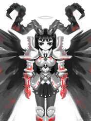  1girl andaerz armor armored_boots armored_skirt black_eyeliner black_eyes black_eyeshadow black_hair black_pantyhose black_skirt blunt_bangs boots breasts cowboy_shot expressionless eyeliner eyeshadow halo highres horns large_horns limited_palette long_hair looking_at_viewer makeup medium_breasts original oversized_wings pantyhose pleated_skirt shoulder_armor skirt solo spiked_skirt spikes white_background wings 
