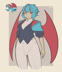  1girl ahoge artist_name black_sleeves black_vest blue_capelet blue_hair border brown_background brown_border capelet chatttoyancy closed_mouth commentary cowboy_shot creature_and_personification crossed_bangs double-parted_bangs dragon_ears dragon_girl dragon_wings english_commentary high-waist_pants highres light_frown multicolored_hair pants personification pokemon puffy_short_sleeves puffy_sleeves red_capelet red_eyes red_hair ribbed_shirt salamence shirt short_hair short_sleeves simple_background split_mouth streaked_hair two-sided_capelet two-sided_fabric vest white_pants white_shirt wings 