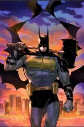  1boy absolute_batman absolute_dc batman batman_(absolute_dc) belt belt_pouch black_male_underwear bodysuit building cityscape dc_comics grey_bodysuit hammer highres holding holding_hammer holding_weapon looking_at_viewer male_underwear mirka_andolfo pouch skyscraper solo sunset superhero_costume underwear weapon yellow_belt 