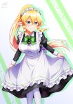  1girl alternate_costume apron black_dress blush bow bowtie braid closed_mouth collared_shirt dress enmaided feet_out_of_frame frilled_apron frills green_bow green_bowtie hair_between_eyes highres juliet_sleeves ken-ji leafa leaning_forward long_sleeves maid maid_apron maid_headdress pantyhose ponytail puffy_sleeves shirt smile solo sword_art_online twin_braids watermark white_background white_pantyhose 