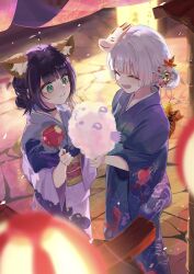  2girls ahoge animal_ears black_choker blue_kimono candy_apple character-themed_food cho_kaguya-hime! choker closed_eyes commentary_request cotton_candy festival food fox_ears fox_girl fushi_(cho_kaguya-hime!) green_eyes highres holding holding_candy_apple holding_cotton_candy holding_food japanese_clothes kimono mask mask_on_head multiple_girls obi open_mouth purple_hair purple_kimono runami_yachiyo sakayori_iroha sakayori_iroha_(tsukuyomi) sash toake_(user_affe3424) 