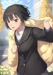  1girl amagami autumn autumn_leaves black_bow black_bowtie black_eyes black_hair black_jacket black_sailor_collar blazer blue_sweater bow bowtie building coat collared_shirt commentary_request cowboy_shot day grey_skirt hand_up highres jacket kibito_high_school_uniform leaf long_sleeves looking_at_viewer mikawa_mikan nanasaki_ai open_mouth outdoors parka sailor_collar school_uniform shirt short_hair skirt smile solo sweater tree white_shirt winter_clothes winter_coat yellow_coat 