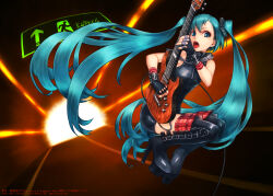  1girl alternate_bangs alternate_costume belt_buckle black_clothes black_gloves blue_eyes blue_hair bracelet dark_background electric_guitar exit_sign fingerless_gloves floating floating_hair gloves guitar guitar_strap guitar_string hanji_(hansi) hatsune_miku highres holding holding_guitar ibanez jumping long_hair object_plugged_in open_mouth road teal_eyes teal_hair thigh-highs tunnel twintails visible_ears vocaloid zipper 