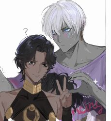  ? absurdres arjuna_(fate) black_eyes black_hair blue_eyes blush colored_skin dark-skinned_male dark_skin earrings facial_mark fate/grand_order fate_(series) father_and_child father_and_son grey_skin heart_hands_failure highres indra_(fate) jewelry lightning_bolt_facial_mark lightning_bolt_symbol looking_at_viewer male_focus parent_and_child shirt short_hair smile sweat t-shirt upper_body v white_hair yurumawari 