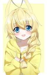  1boy :d antenna_hair blonde_hair blue_eyes blush border bow braid braided_ponytail collarbone drawstring hair_between_eyes hair_bow hair_over_shoulder haiyore!_nyaruko-san hands_up hastur_(nyaruko-san) highres hiyoko_(96823534) hood hood_down hoodie long_hair long_sleeves looking_at_viewer low-tied_long_hair low_ponytail male_focus open_mouth orange_bow outside_border own_hands_together ponytail sidelocks simple_background sleeves_past_wrists smile solo teeth trap upper_body upper_teeth_only white_border yellow_background yellow_hoodie 