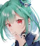  1girl akebisousaku double_bun earrings green_hair green_nails hair_bun hair_ornament highres hololive jewelry looking_at_viewer open_mouth red_eyes skull_hair_ornament solo uruha_rushia virtual_youtuber white_background 