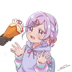  1girl 1other backpack bag black_gloves bow bowtie commentary_request cream crepe food gloves hair_bow hair_ornament heart heart_hair_ornament holding holding_crepe holding_food hood hood_down hoodie jacket kimi_no_koto_ga_dai_dai_dai_dai_daisuki_na_100-nin_no_kanojo long_sleeves looking_at_another momi_momiji official_alternate_costume open_hands out_of_frame parted_bangs peanut_mouth pink_bow pink_bowtie pink_jacket pink_skirt purple_hair purple_hoodie red_bow red_bowtie signature skirt syuuka617 tied_hoodie_strings upper_body violet_eyes white_background 