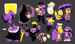blush_stickers book bow bowtie button_eyes buttons cane chara_(undertale) coat cowboy_hat_mike deltarune flower frisk_(undertale) glasses green_(deltarune) grey_background hat highres holding holding_book holding_cane holding_flower holding_knife holding_umbrella ice_block ice_wolf kanianoreki knife kris_(deltarune) monster_kid_(undertale) napstablook necktie non-binary_flag purple_bow purple_bowtie purple_coat seam_(deltarune) seth_(deltarune) shuttah_(deltarune) smile umbrella undertale utdr_(toby_fox) white_hat zapper_(deltarune)