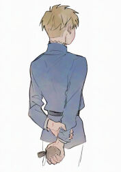  1boy belt black_belt blonde_hair blue_jacket chi.:_chikyuu_no_undou_ni_tsuite cropped_legs holding holding_behind_back holding_own_wrist holding_sack jacket kadeart male_focus rafal_(chi.) sack short_hair simple_background solo white_background 