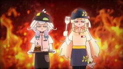  2girls ahoge alternate_costume apron baseball_cap black_hat black_skirt blonde_hair blue_eyes blue_hair braid burger commentary employee_uniform fast_food_uniform food hat highres holding holding_spatula holding_tray hololive hololive_dev_is long_hair looking_at_viewer mizumiya_su multicolored_hair multiple_girls otonose_kanade pink_hair rainee red_eyes shirt short_sleeves skirt spatula tray triangle_mouth twin_braids untranslatable_commentary virtual_youtuber waist_apron yellow_shirt 