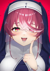  1girl absurdres alternate_costume alternate_hair_length_(longer) blue_dress blue_headdress blush commentary dress finger_to_cheek heart heart-shaped_pupils heterochromia highres hololive houshou_marine houshou_marine_(nun) long_hair looking_at_viewer nun nun_headdress open_mouth paipukoron417 red_background red_eyes red_hair smile solo symbol-shaped_pupils virtual_youtuber yellow_eyes 