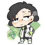  1boy apex_legends black_eyes black_hair blush_stickers coat crypto_(apex_legends) frown half-closed_eyes hands_in_pockets lab_coat male_focus pants parted_hair rotten_cf solo twitter_username undercut white_background white_coat white_footwear 