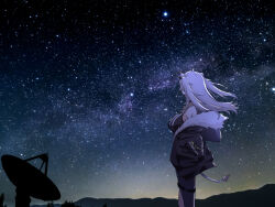  1girl animal_ears commentary_request feet_out_of_frame from_side fur-trimmed_jacket fur_trim grey_hair hands_in_pockets highres hololive jacket lion_ears lion_girl lion_tail long_hair looking_up milky_way mountainous_horizon night outdoors radio_telescope scenery shishiro_botan shishiro_botan_(1st_costume) silhouette sky sleeveless solo standing star_(sky) starry_sky tail usukimibilly88 virtual_youtuber wide_shot 
