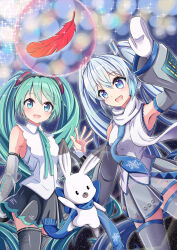  2girls aqua_eyes aqua_hair aqua_neckerchief armpits bare_shoulders black_skirt black_thighhighs blue_eyes blue_hair blue_necktie collared_shirt commentary_request cowboy_shot detached_sleeves dual_persona feathers grey_skirt grey_sleeves grey_thighhighs hatsune_miku hatsune_miku_(nt) headphones highres homura_0205 long_hair mittens multiple_girls neckerchief necktie open_mouth pleated_skirt rabbit red_feathers scarf shirt skirt sleeveless sleeveless_shirt thigh-highs twintails very_long_hair vocaloid white_mittens white_scarf white_shirt yuki_miku yuki_miku_(2011) 