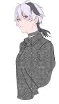  1girl absurdres ahoge androgynous black_choker black_hair choker commentary cropped_torso flower_(gynoid_talk) flower_(vocaloid) from_side grey_hair grey_shirt gynoid_talk half-closed_eyes highres looking_at_viewer looking_to_the_side medium_hair multicolored_hair parted_lips patterned_clothing shirt simple_background solo streaked_hair tmasyumaro unmoving_pattern violet_eyes vocaloid white_background 