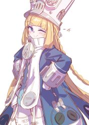  1girl absurdres blonde_hair blue_jacket blush closed_mouth cowboy_shot garter_straps gloves grey_hat grey_helmet hands_on_own_hips hat helmet highres jacket kurumi_tsuchi large_hat long_hair looking_at_viewer norma_hollowell one_eye_closed shako_cap simple_background smile solo thigh-highs very_long_hair violet_eyes white_background white_garter_straps white_gloves white_thighhighs zenless_zone_zero 