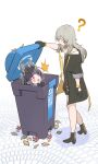  2girls ? absurdres animal_ears arrow_(symbol) binoculars black_coat black_gloves black_hair blue_archive blunt_bangs coat commentary_request crossover fake_animal_ears gloves grey_hair hair_between_eyes hairband halo highres holding holding_binoculars honkai:_star_rail honkai_(series) in_trash_can jjjsss leaf leaf_on_head long_hair long_sleeves looking_at_another miyu_(blue_archive) multiple_girls open_clothes open_coat opening rabbit_ears recycle_bin recycling_symbol red_eyes school_uniform serafuku shirt sidelocks stelle_(honkai:_star_rail) surprised sweat sweating_profusely thighlet trailblazer_(honkai:_star_rail) trash_can trashcan_lid white_background white_shirt yellow_eyes 